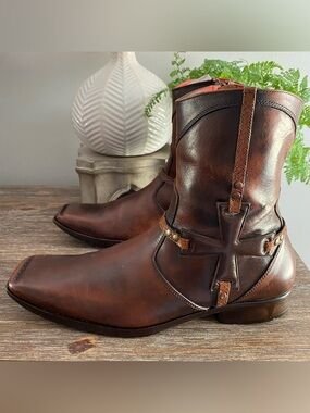 Mark Nason Italy Corleone Iron Cross Leather Western Moto Boots Mens 11 Brown